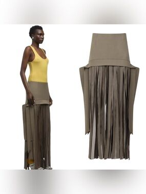 NWT Entire Studios RIBBON fringe SKIRT in “TOAST” khaki green LEATHER